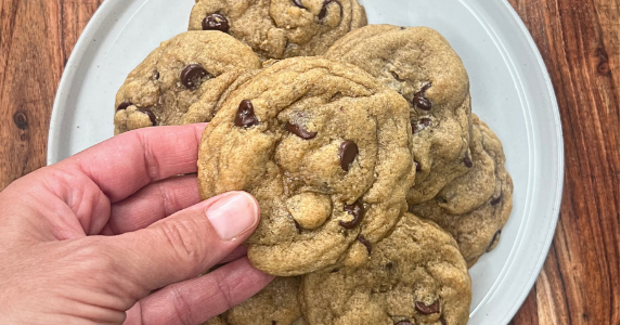 Chocolate chip cookies on a plate.